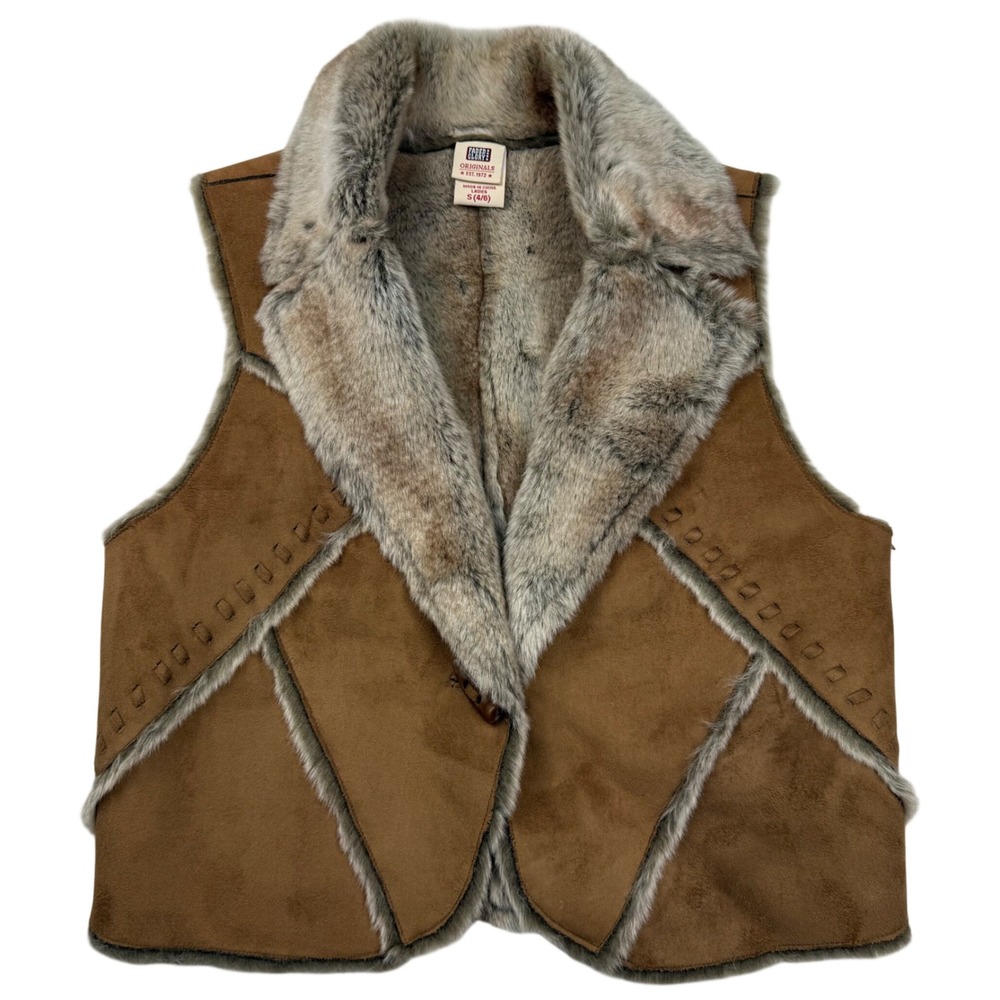 VTG Y2KFaded Glory Originals Brown Faux Suede Fur Trim Vest Small Bratz Penny